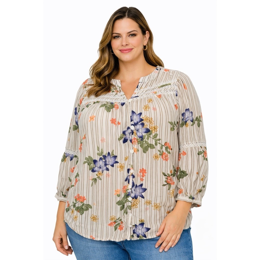 Sonoma Womens Floral‎ Peasant Blouse 1X Lace Trim Button Boho Cottagecore